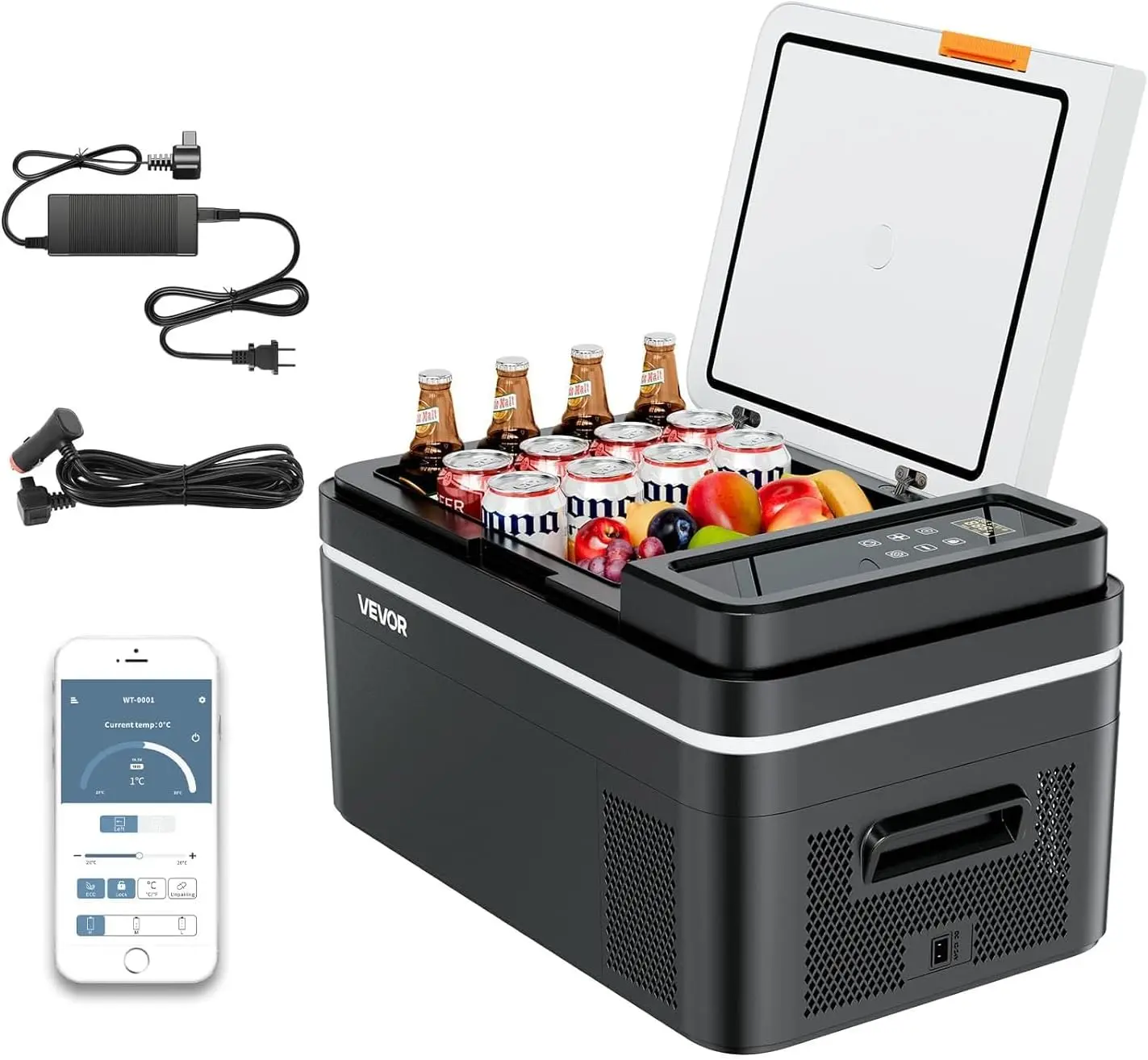 VEVOR Car Refrigerator, DC 12/24V AC100-240V Compressor Electric Cooler, -4°F to 68°F Car Fridge with APP Control, 23 QT Cars Freezer for RVs, Campsites, Boats, Camping, Fishing, 45W Portable Freezer