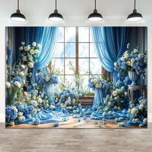 Blue White Floral Wedding Backdrop Elegant Rose Style Polyester Fabric Photography Background Wrinkle Resistant HD Print Bridal Party Decor Photo Booth Setup