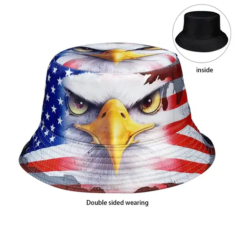 Eagle Pattern Patriotic American Flag Bucket Hat, Graphic Hats, Double-Sided Wearable Sun Cap with Stars and Stripes, Suitable for Independence Day Daily Outdoor Activities