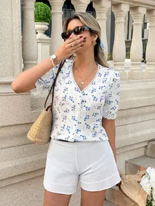 Women's French Lace Trim Blue Patchwork Summer Work Shirt, V-Neck Ditsy Floral Short Sleeve Blouse, Casual Fashion Chic Top for Women