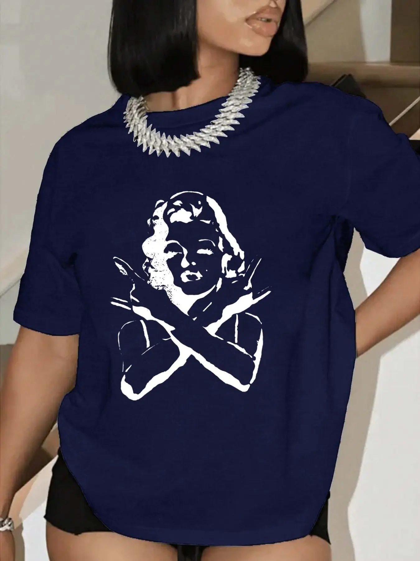 Rock Gesture Marilyn Monroe Street Vintage Print Women's Short Sleeve Top, Y2K Style Fitted Casual Wear, All Seasons Fashion