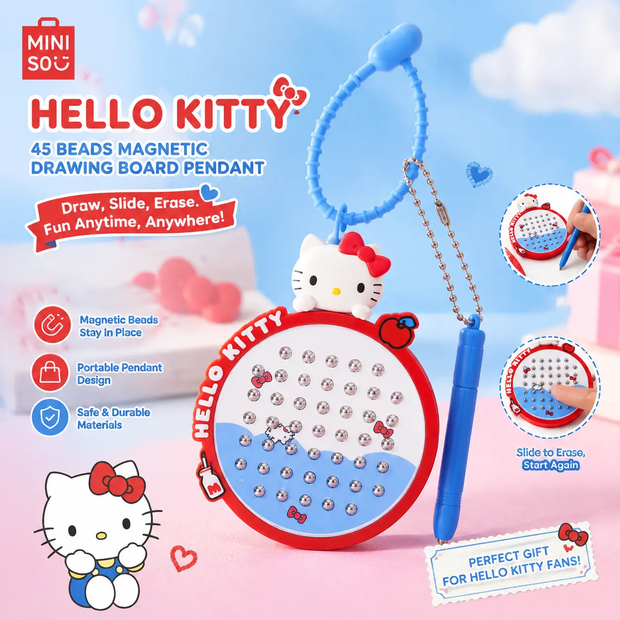 MINISO Sanrio Family Series 45-Bead Magnetic Suction Pendant Hello Kitty Keychain - Kawaii Cartoons Cute Collectibles Girly Keychain for Unisex Child, Back-to-School Gift for Mom