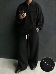 Men's Two-Piece Set Textured Fabric Polo Neck Long Sleeve + Straight Leg Pants, Paris Letter Print, Fitted, Casual Spring & Fall, Menswear