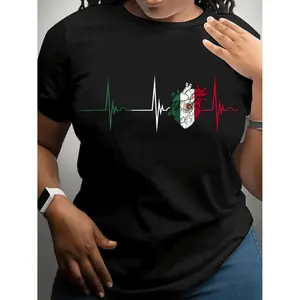 Women's Mexican Flag Heartbeat Graphic T-Shirt - Short Sleeve Crew Neck Casual Top with National Emblem Design, Medium Stretch Machine-Washable Black Shirt for Spring & Summer, Mexican T Shirt,     funny graphic tee