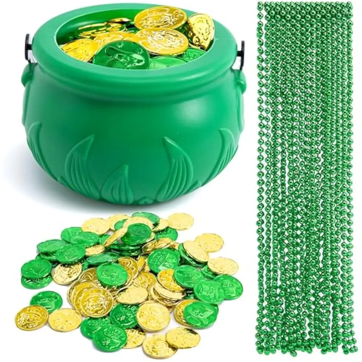 119 Pcs St. Patricks Party Supplies Set, 18 Bead Necklaces, 100 Plastic Coins and 1 Cauldron, St Patricks Day Party Favor Supply (Green Cauldron, Bead Necklace, Green and Gold Coins)