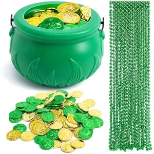 119 Pcs St. Patricks Party Supplies Set, 18 Bead Necklaces, 100 Plastic Coins and 1 Cauldron, St Patricks Day Party Favor Supply (Green Cauldron, Bead Necklace, Green and Gold Coins)