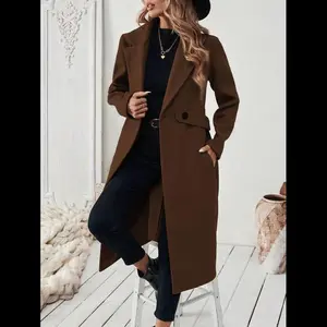 Women’s Halloween notched-collar camel wool blend coat with belt; long fall coat; open-front blazer; faux fur lapel coat; double-breasted wool coat; double-breasted pea coat