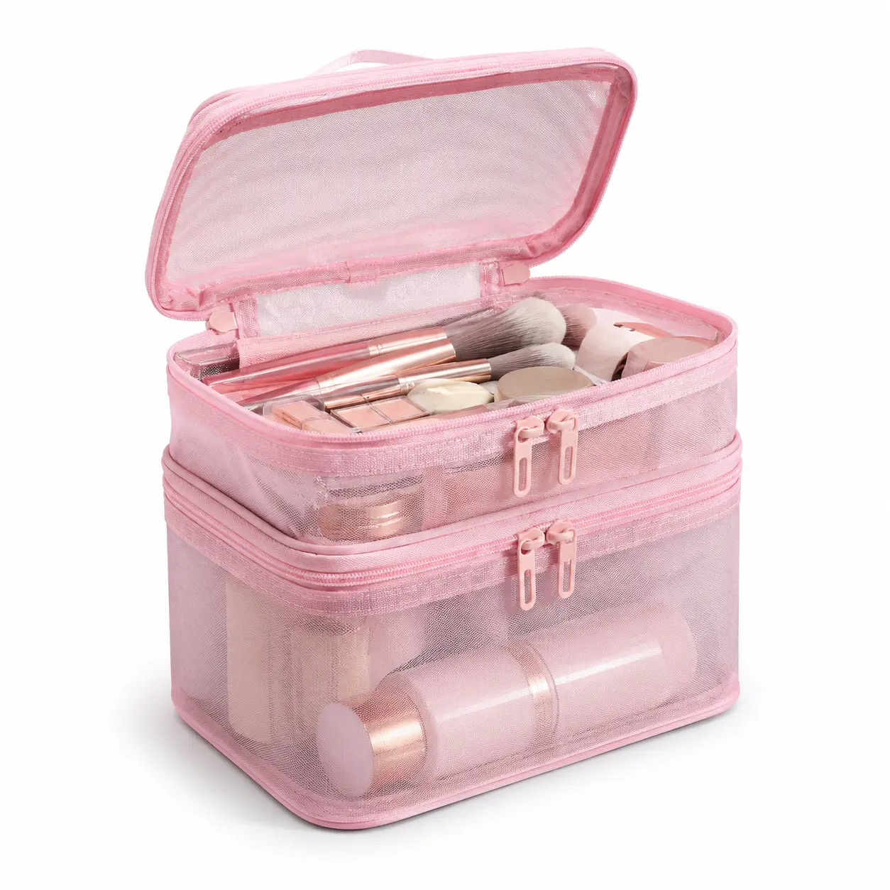 Large Capacity Mesh Makeup Organizer Bag – Double Layer Travel Cosmetic Storage Case with Handle, Transparent Toiletry Bag for Makeup, Skincare & Beauty Essentials