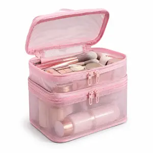 Large Capacity Mesh Makeup Organizer Bag – Double Layer Travel Cosmetic Storage Case with Handle, Transparent Toiletry Bag for Makeup, Skincare & Beauty Essentials