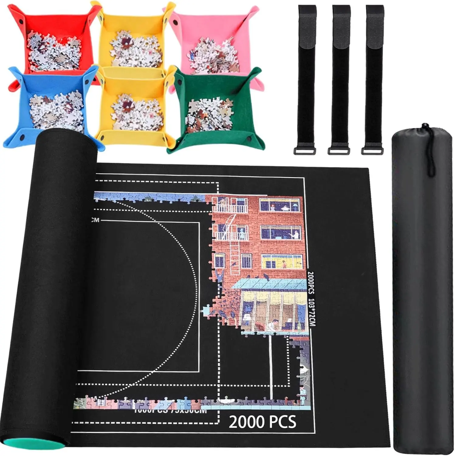 Roll Up Jigsaw Puzzle Mat - Fits 2000 1500 1000 500 Pieces, Black Felt Roll-Up Puzzle Mat with Sorting Trays, Puzzle Storage Keeper Accessories for Adults