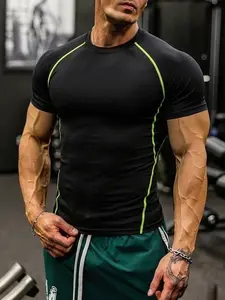 Slim Fit Neon Stripe Compression Workout Tee - Lightweight Breathable Anti-Sweat Fabric, Muscle Sculpting Athletic Top, Raglan Seam Design, Multi-Wear for Gym Sessions / Outdoor Runs / Casual Street OOTD / Daily Errands, All-Season Comfortable Stretchy Pe