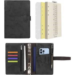 Leather Journal Refillable Binder A5 Writing Notebook Folder Organiser with Dotted Paper & Multi Pockets Cover for Business School Travel (A6, Black)