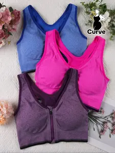 【Plus Size】solid Zip Front Racerback Wireless Bra, Racerback Style Breathable V Neck Bralettes, Push Up Bra, Women's Lingerie for All Seasons, Women's Plus Size Clothes, Zip Front Feature, Women Lingerie, Not Mesh Bralette