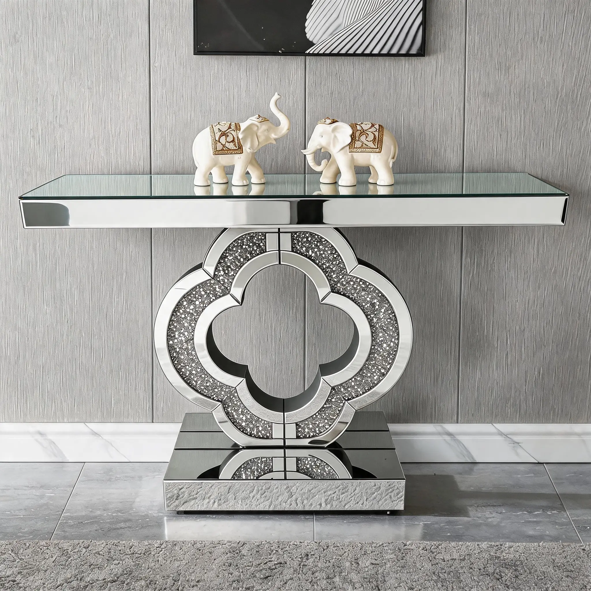 43.3" Mirrored Console Table,Modern Entryway Table with Flower Base,Luxury Silver Mirror Console Tables for Entryway, Crushed Diamond Glass Accent Sofa Table for Living Room Hallway