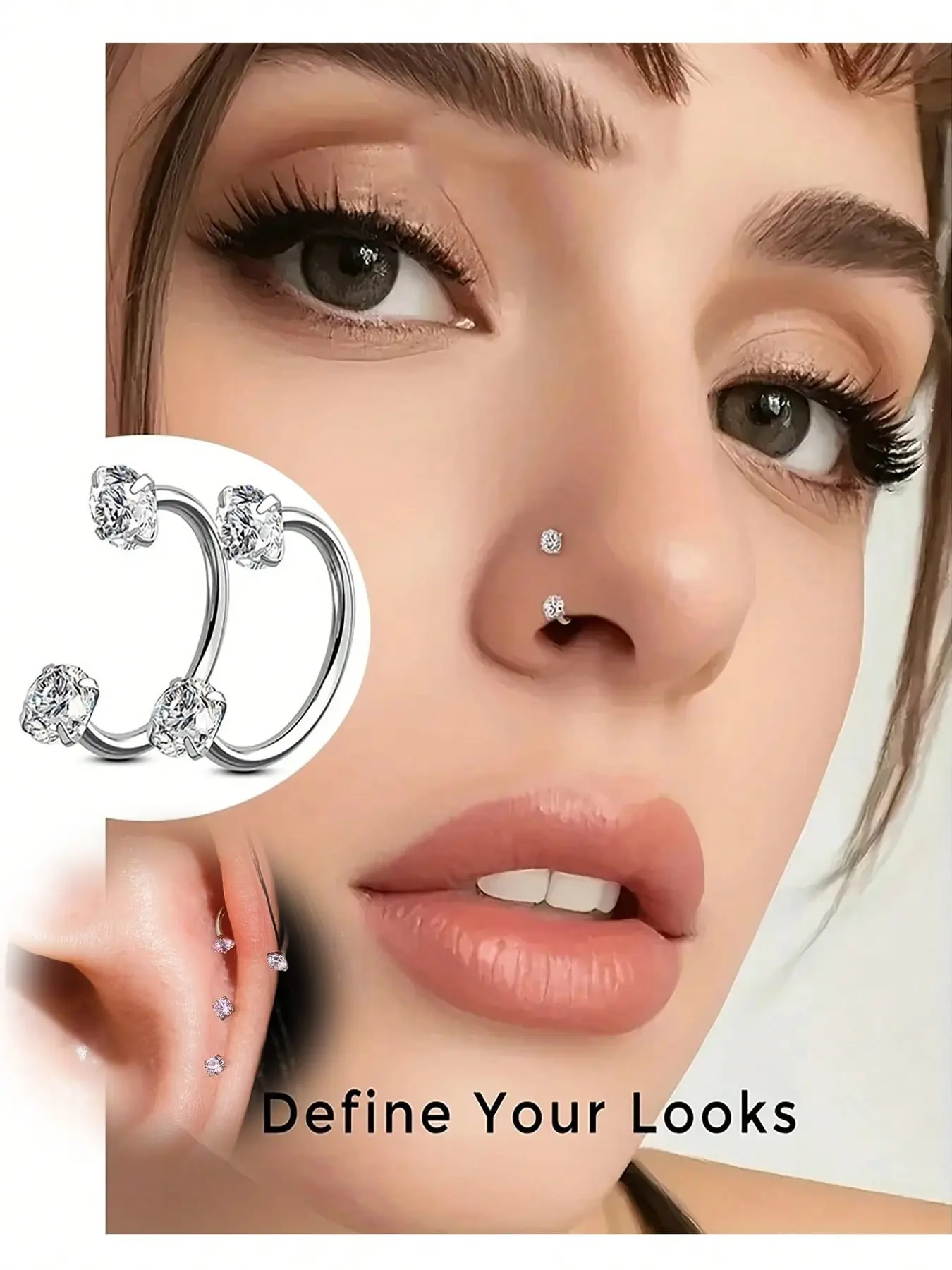 Stainless Steel Nose Ring, Cubic Zirconia U-Push Septum Rings, 18g Cartilage Earring, Round & Heart Design, Durable Hypoallergenic Jewelry, Nose Piercing Jewelry, Body Piercing Jewelry