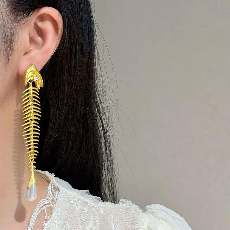 Personalized Fish Bone Pearl Earrings Retro Exaggerated Eardrop Punk Gothic Tassel Ear Pendant Puncture Ear Stud Jewelry