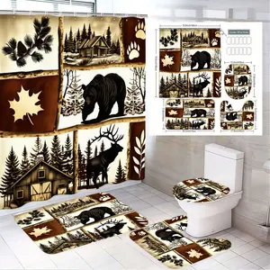 1/4pcs Woodland Rustic Shower Curtain Set with Bear Deer Cabin Pine Cones, Matching Bath Mat Toilet Seat Cover for Wilderness Bathroom Decor, Perfect for Camping Cabin, Thanksgiving & Autumn Themed Home, Bathroom Curtains