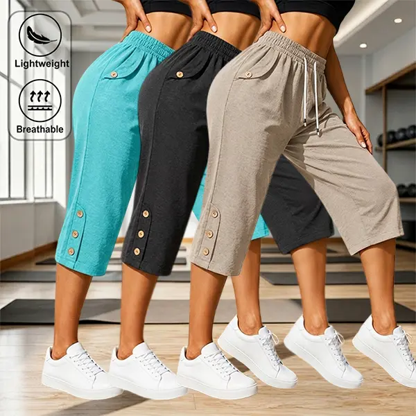 3-Pack Spring/Summer Versatile Casual Three-Quarter Pants with Button Detail, Comfortable Elastic Waist and Pockets — Suitable for Work Commuting and Outdoor Activities