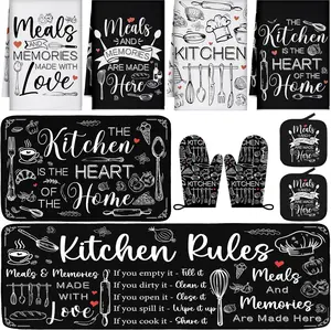 10 Pcs Black and White Farmhouse Kitchen Decor Oven Mitts and Pot Holders Sets, Vintage Rustic Pattern Kitchen Dish Towels, Oven Mitts for Baking Cooking Home Decorations