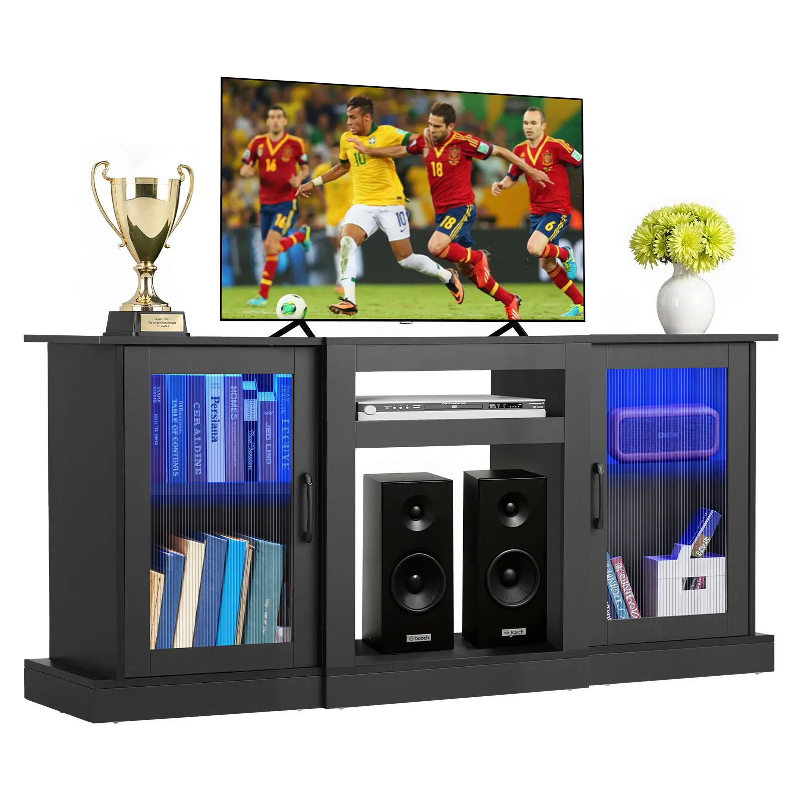 【SummerFinds】VEVOR TV Stand for TVs up to 65 inch, Modern Entertainment Center with Light Strip, Wooden TV Cabinet Storage with Glass Doors and Adjustable Shelves, Console Table for Living Room and Bedroom, Black