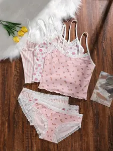 Women's Sexy Lace Bralette Set, Lingerie Ditsy Floral & Striped Design, Full Coverage High Waist Tank Top, Cotton Crotch Panties, All Seasons Wear
