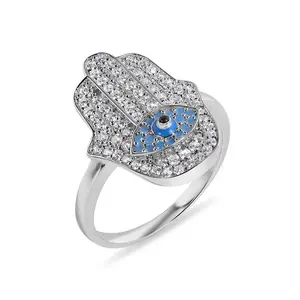 925 Sterling Silver Hamsa Evil Eye Clear Turquoise CZ Studded 18.6mm Ring