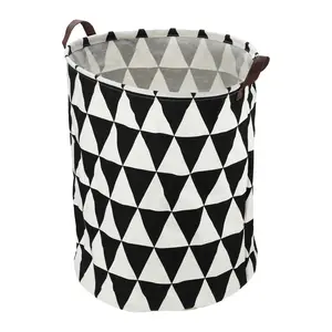 Unique Bargains 1 Pc 60L Foldable Cylindrical Laundry Basket for Laundry Room 19.69"x15.75" Black White Triangle