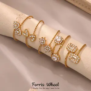 Ferris Wheel Heart Geometric Full Diamond Ring Fashion Versatile Stainless Steel 18K Gold Plated Sugar Cube Zirconia Index Finger Ring