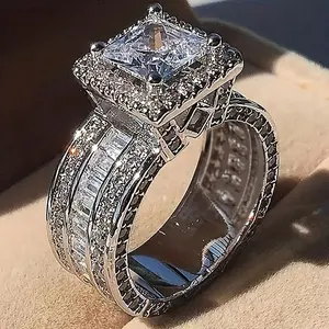 Exquisite Square Imitation Diamond Wedding Engagement Ring High-Quality Alloy Electroplated Geometric Style 3g Lightweight Comfortable Office-Friendly Trending Element huge engagement romantic woman