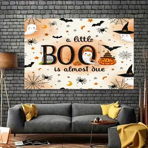 2D Flat, "A Little Boo Is Almost Due" Wall Hanging Tapestry - Footprints &  Decor, Horizontal/Vertical Hanging with Kit, No Installation Needed, Cute Ghosts & Owls Design Room, Christmas Halloween, Tapestries, Tapestry Wall Hanging