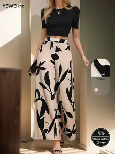 YEWEI INC Women's elegant print suit short sleeve tight-fitting top with high-waisted wide-legged trousers commuter suit