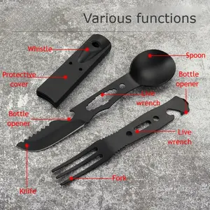 Outdoor Set Multi Functional Camping Knives Camping Tableware Outdoor Wind Combination Stainless Steel with Whistle Spoon Fork