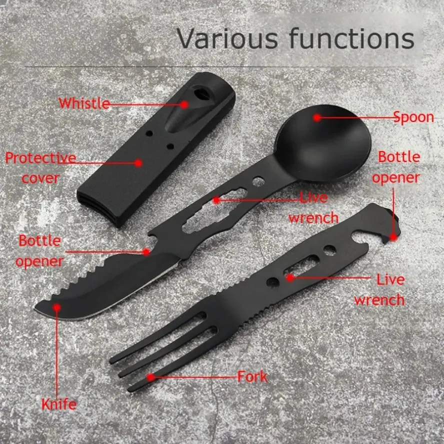 Outdoor Set Multi Functional Camping Knives Camping Tableware Outdoor Wind Combination Stainless Steel with Whistle Spoon Fork