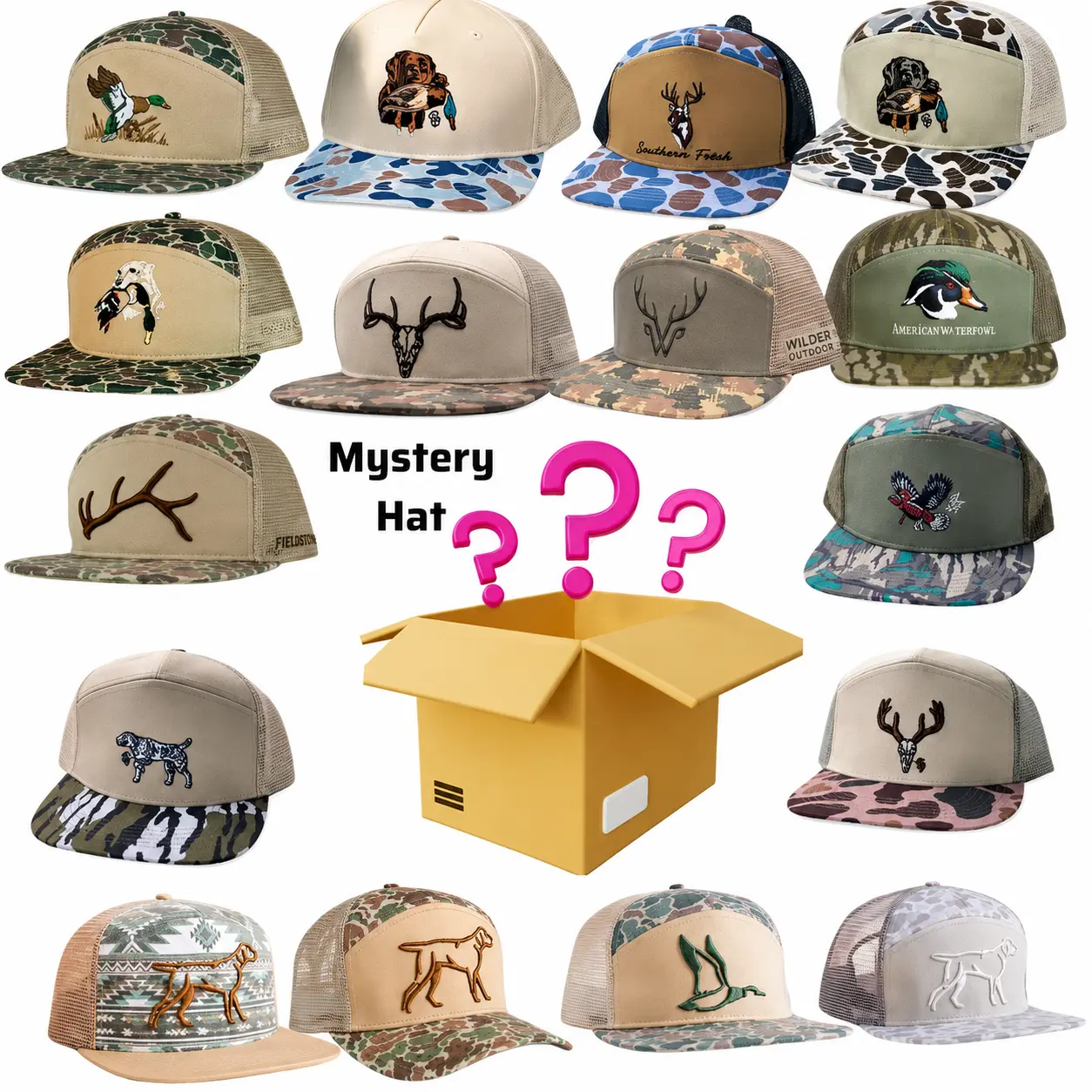 [ COMBO BUY 1 GET 2 ] [SAVE 50%] Random One Camo Hunting Hat Sent, Antler Southern Duck Hunting, Deer Skull, Marsh Fieldstone Bottomland Camo Azteca Snapback Mesh Unisex Camo Trucker Hat