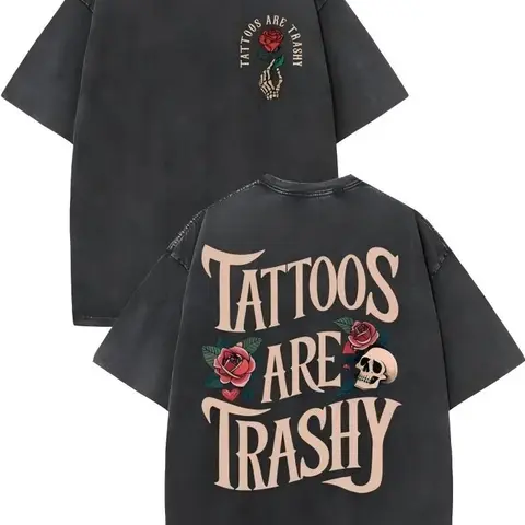 Women's Retro Punk Cotton Tee - High-Quality, Soft, Casual Streetwear, Double-Sided Printed, Lowbrow Tattoo Design, Drop-Shoulder, Crew Neck, Short-Sleeve Summer Top