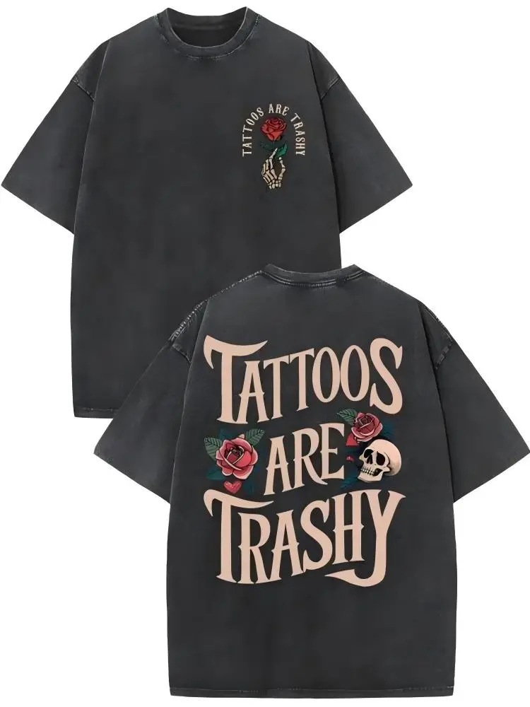 Women's Vintage Cotton T-Shirt - High-Quality, Soft, Fashionable Casual Streetwear, Double-Sided Printed, Lowbrow Tattoo Design, Drop-Shoulder, Round Neck, Shortsleeve Summer Top, Clothes For Women, T Shirts Women