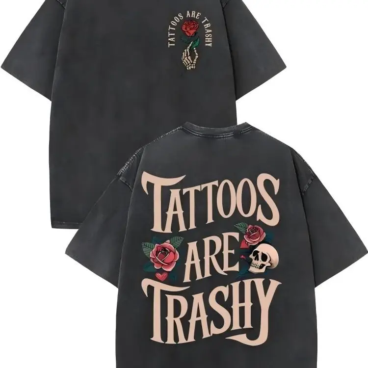 Women's Retro Punk Cotton Tee - High-Quality, Soft, Casual Streetwear, Double-Sided Printed, Lowbrow Tattoo Design, Drop-Shoulder, Crew Neck, Short-Sleeve Summer Top