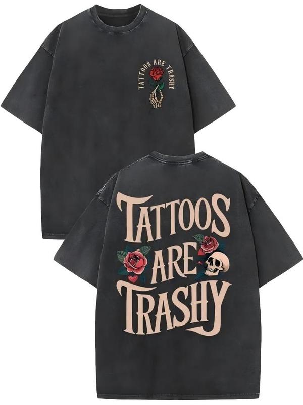 Women's Retro Punk Cotton Tee - High-Quality, Soft, Casual Streetwear, Double-Sided Printed, Lowbrow Tattoo Design, Drop-Shoulder, Crew Neck, Short-Sleeve Summer Top