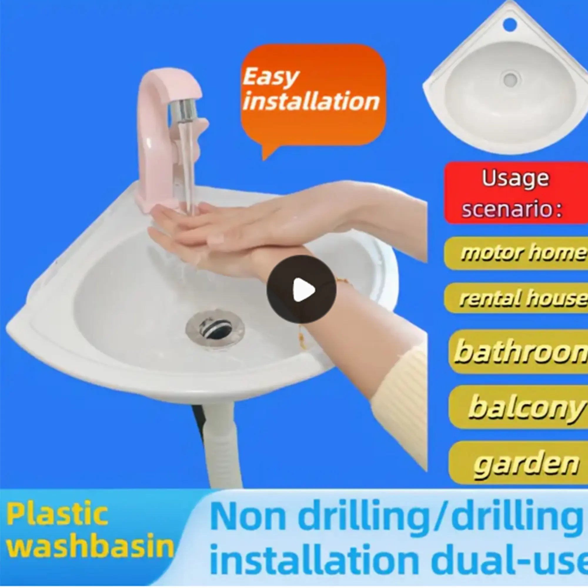 No-Drill Installation Plastic Sink for Bathroom, RV Faucet Basin, Wall-Mounted Triangular Corner Sink, Easy Setup for Outdoor Camping, Portable Sink, Removable Sink