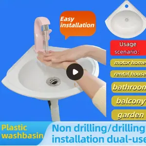No-Drill Installation Plastic Sink for Bathroom, RV Faucet Basin, Wall-Mounted Triangular Corner Sink, Easy Setup for Outdoor Camping