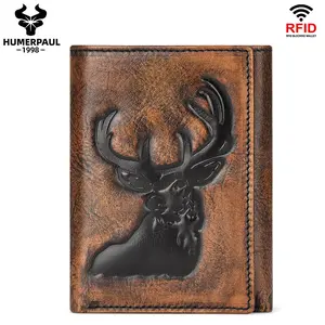 HUMERPAUL Wallet For Men Triple Fold Wallet Deer Design Cowhide surface, lined with microfiber BP780