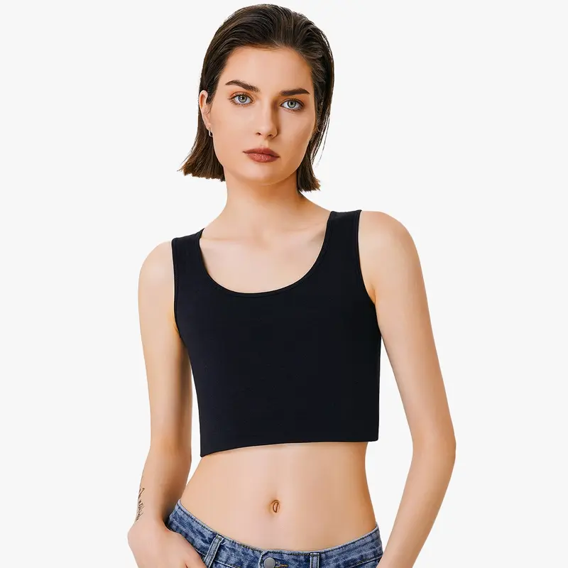 Nebility Women Elastic Chest Binder Bra Pullover Tank Top Black Womenswear Bandeau Casual Fit Sleeveless Basic Minimalist