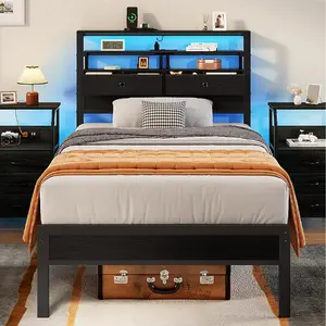 Furologee Twin Size Bed Frame with Headboard and 2 Fabric Drawers Full Platform Bed Featuring LED Lights Built in Charging Station and Storage Shelves Metal Slats No Box Spring Needed Black Oak