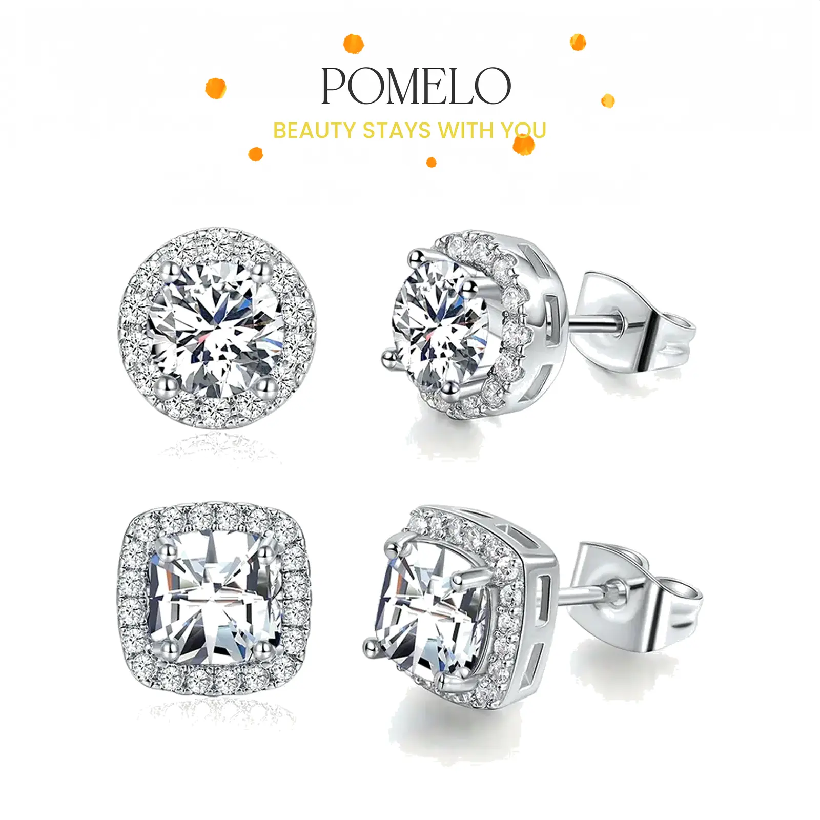 POMELO Unisex 18K Gold-Plated 2-Pair Earring Set, Medical-Grade Stainless Steel, Tarnish-Resistant, Waterproof, Hypoallergenic, Round & Square-Cut VVS Clarity Stones, Elegant Stylish Fashion Accessory