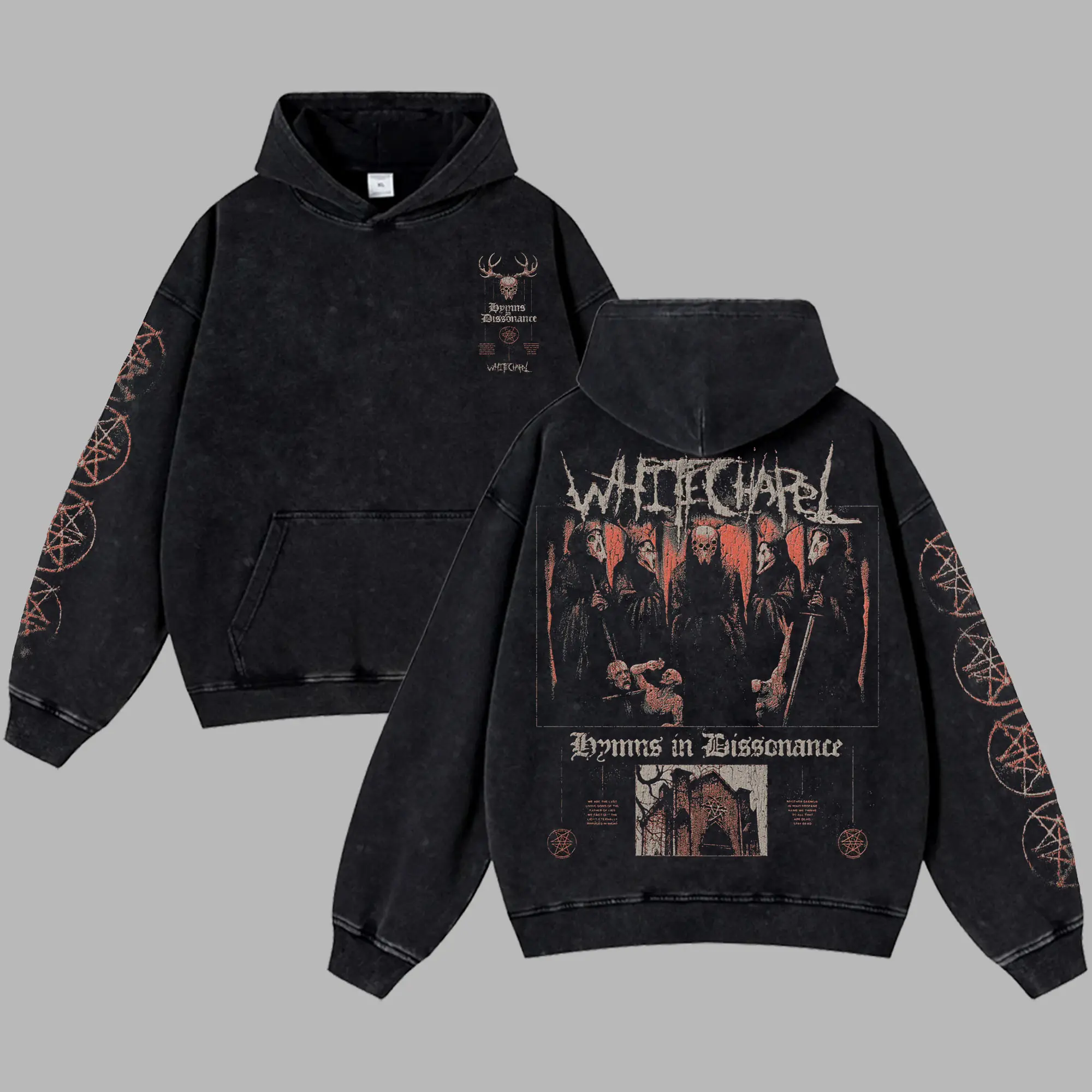 [Moshroom] WHITECHAPEL 'HYMNS IN DISSONANCE' V2 Oversize Lightweight Acid Washed Tee Hoodie Rock Music Metal Gothic Punk Emo Grunge Post-hardcore Graphic Design Top Cotton Streetwear Game T-Shirt Crewneck Clothes Menswear Womenswear
