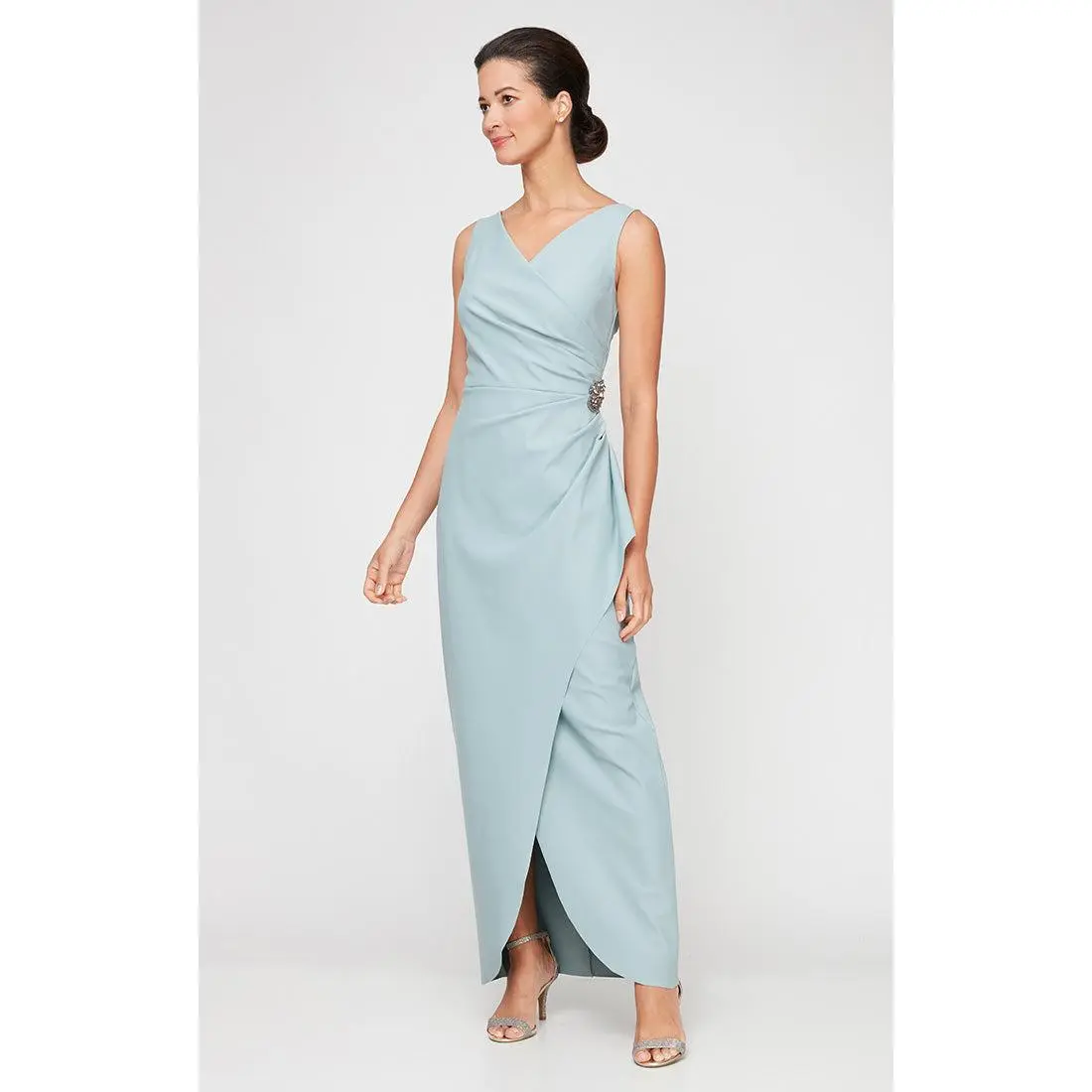 Sleeveless Compression Sheath Gown with Surplice Neckline & Beaded Detail at Hip