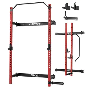 Folding Squat Rack for Home Gym, 2.36 in x 2.36 in Wall Mounted Foldable Squat Rack with Pull Up Bar, J Hooks and Landmine Attachments, 1000 LBS Capacity Space Saving Weight Power Cage