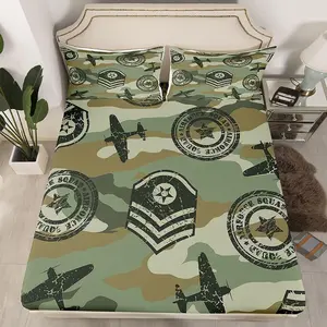 Feelyou Camo Airplane Fitted Sheet Set - Military Aircraft-Themed Decorative Bedding Set, Modern Army Green Luxury Bed Cover, Bed Sheets Set