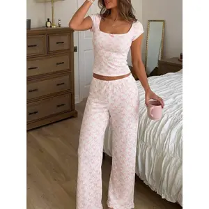 Cider Jersey Round Neckline Bowknot Graphic Top & Straight Leg Trousers Loungewear Set