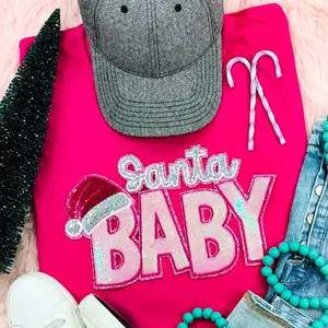 Sequin Santa Baby Sequin Hat Patch on Long Sleeved Shirt
